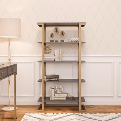 DHP Camila 5 Shelf Bookcase in Grey and Gold, W: 76.2 cm, D: 40.0 cm, H: 141.0 cm – 2