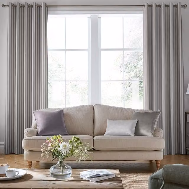 Laura Ashley Burnsall Stripe Made To Measure Blackout Eyelet Curtains in Grey