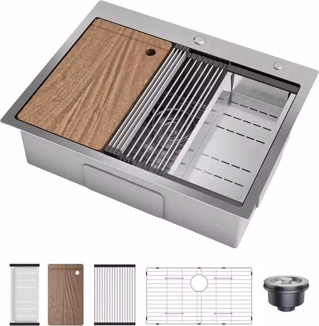 VOGREX Single Drop-in Stainless Steel Kitchen Sink in Metallic Silver, W: 63.5 cm, D: 55.88 cm, H: 22.86 cm