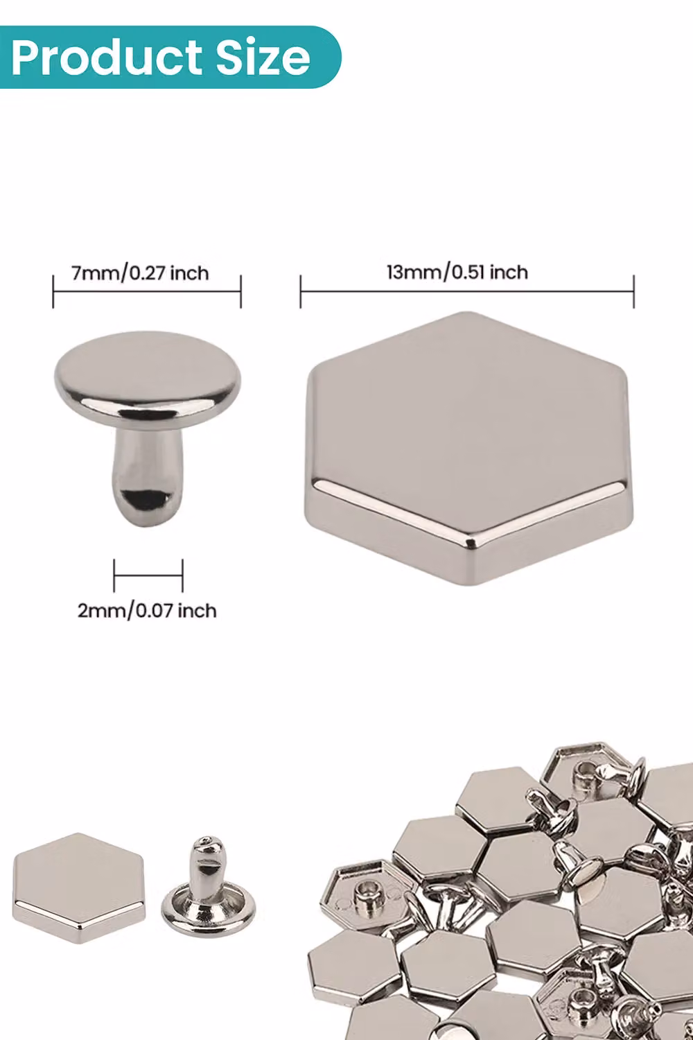 Neel Blue Silver Nickel-Plated Metal Alloy Hexagonal Feet Caps with 7mm Rivet Studs, 25 Pieces (Diameter: 14mm) – 2