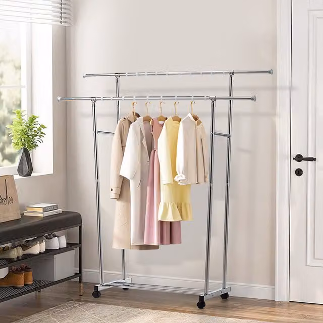 Livingandhome Stainless Steel Movable Clothes Drying Rack with Wheels and Hooks, Silver