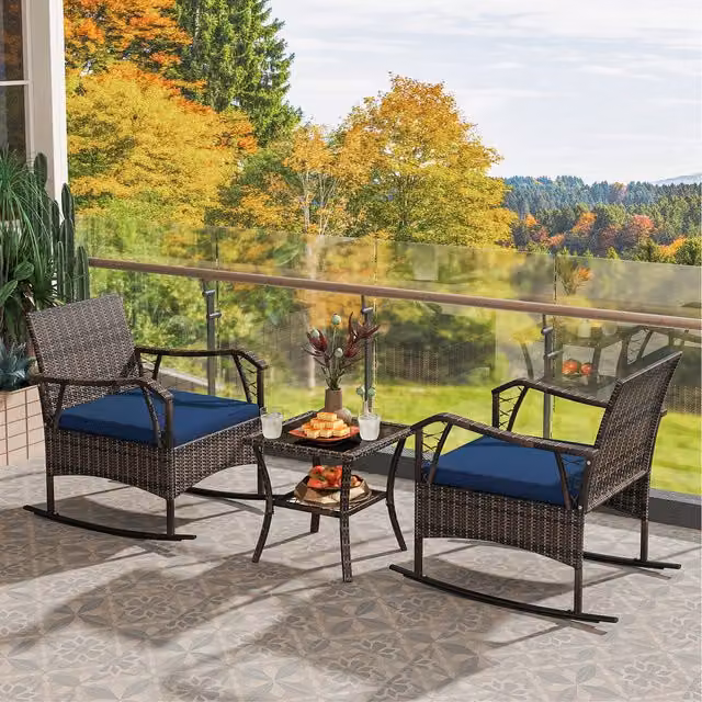 Costway 3 Piece Modern Brown Rattan Rocking Bistro Set with Glass Tabletop