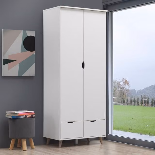 Timber Art Design Pulford Double Wardrobe with Integrated Drawers in White and Light Oak Effect, H 180 x W 73 x D 46 cm
