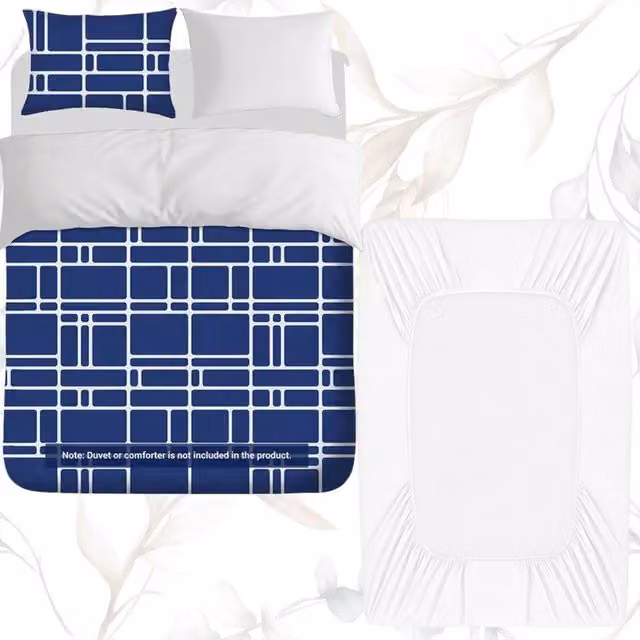 Pamposh 4 Piece Super King Microfibre Duvet Cover Set with Fitted Sheet in White and Blue – 9