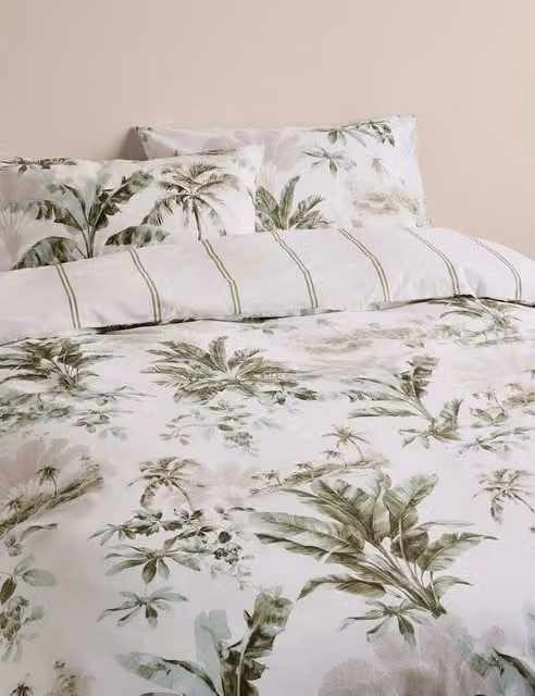 M&S Pure Cotton Botanical Reversible Floral Bedding Set in Green and White, W/D/H: 90 x 190 cm