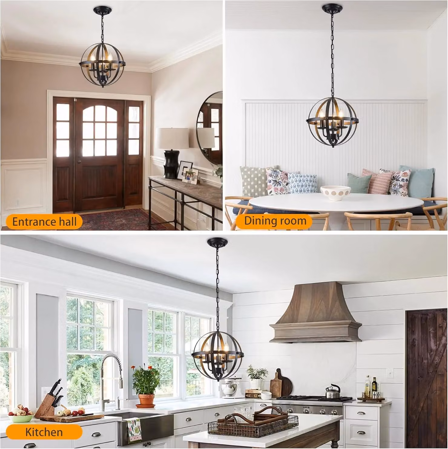 Garwarm Industrial Globe Pendant Light, Black Metal Spherical Vintage Chandelier with Transparent Shade – 5
