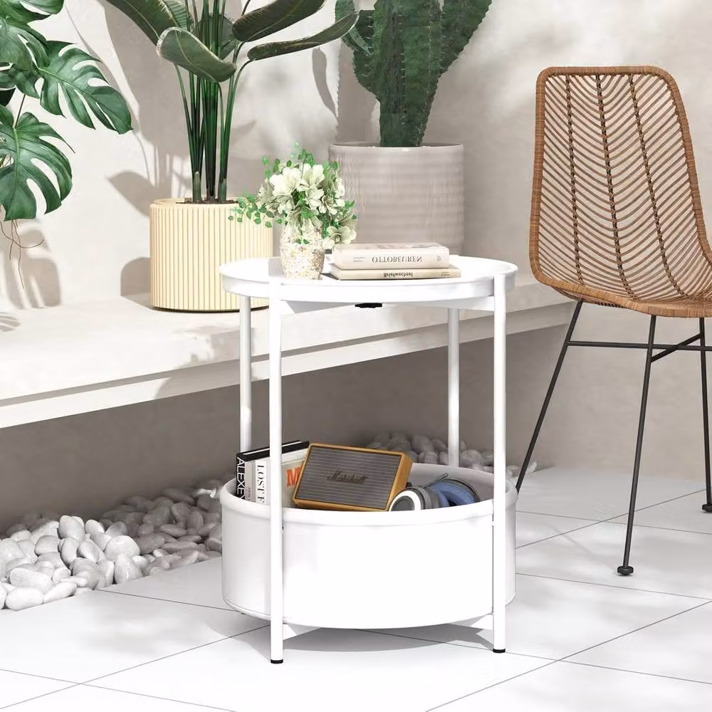 Huhote White 2 Tier Round Fabric and Metal End Side Table with Storage Basket – 3
