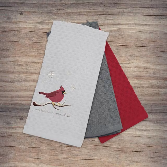 Noel Square Pack of 3 Highly Absorbent Cotton Tea Towels, Winter Robin Design, White and Multicolour