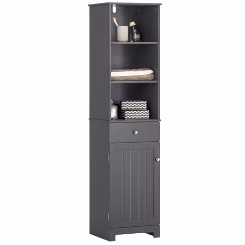 SoBuy Tall Slim Freestanding Bathroom Storage Cabinet in Grey with Hinged Door, Drawer and Shelves, W/D/H: 40 x 35 x 161 cm – 2