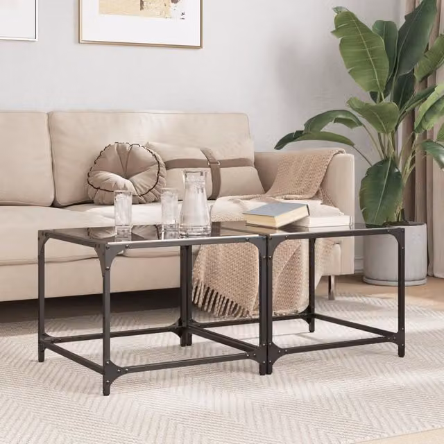 Berkfield Home Set of 2 Modern Square Coffee Tables with Black Glossy Glass Tops and Steel Legs, W/D/H: 50 x 50 x 40 cm – 1