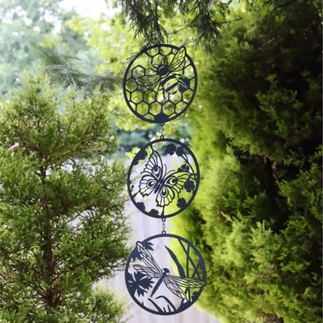 Betley Butterfly Metal Bee Butterfly and Dragonfly Trio Hanging Wind Spinner Ornament in Black