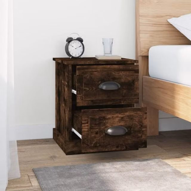 Berkfield Home Durable Bedside Cabinet in Smoked Oak Brown, W/D/H: 39 x 39 x 47.5 cm