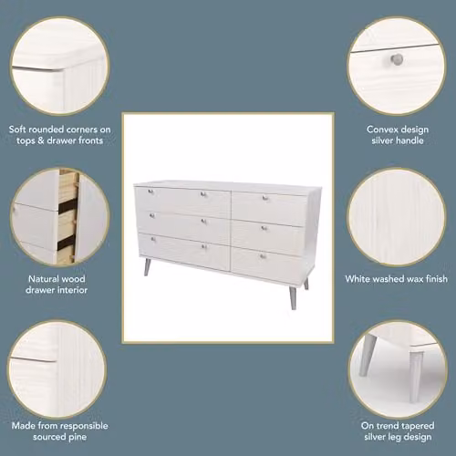 Core Products Augusta Curve White 3+3 Drawer Wide Chest of Drawers W/D/H: 119.3 x 39.5 x 76.7 cm – 3