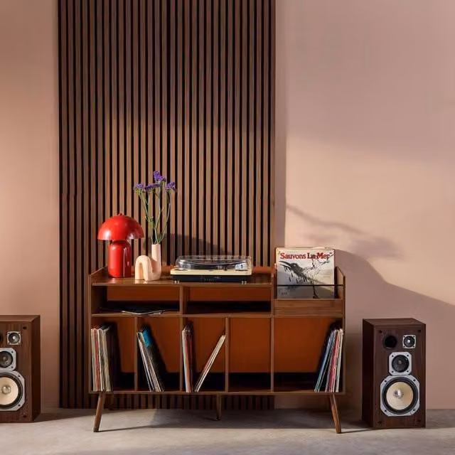 sweeek Vintage XL Bicolor Vinyl Media Unit with Wood Decor in Orange, Blue and Brown, W/D/H: 130 x 50 x 80 cm