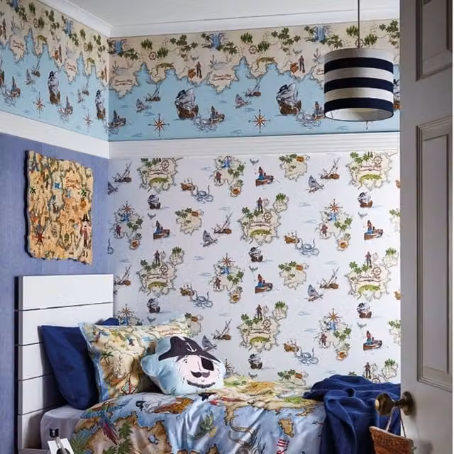 Arthouse Pirates Ahoy Boat Ship Kids Nature Wallpaper Border in Cream, Blue, Multicolour and Silver