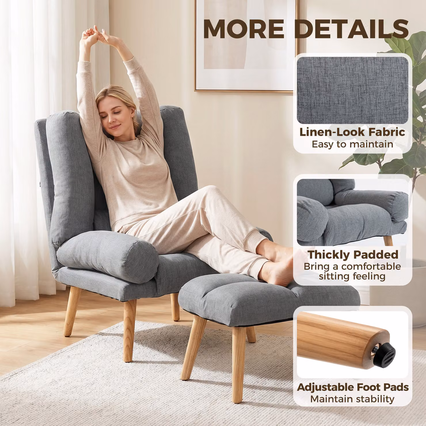 HOMCOM Grey Fabric Recliner Armchair with Matching Footstool and Wooden Legs – 7