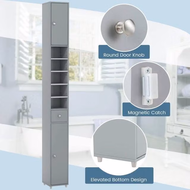 KORVIXA Slim Freestanding Bathroom Storage Cupboard in Grey, W: 70 cm, H: 75 cm – 1