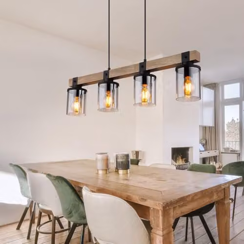 Globo Lighting Industrial Cylindrical Pendant Light with Smoky Grey Glass Shades and Wood Accents in Black and Dark Brown, Height: 133 cm, 4x E27 Bulbs – 2