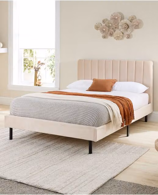 Aspire Rosella Velvet Upholstered Bed in Beige, W/D/H: 140 x 200 cm