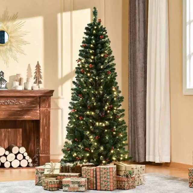 HOMCOM 6ft Artificial Pencil Christmas Tree with LED Lights and Berry Decor in Green and Red
