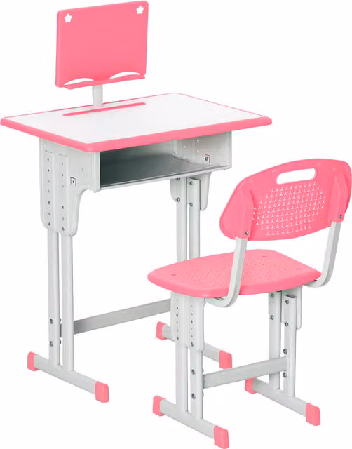 HOMCOM Childrens Height Adjustable Study Desk and Chair Set with Bookshelf in Pink