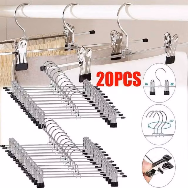 PAWNORA 20-Piece Stainless Steel Pants Hangers with Non-Slip Clips in Silver