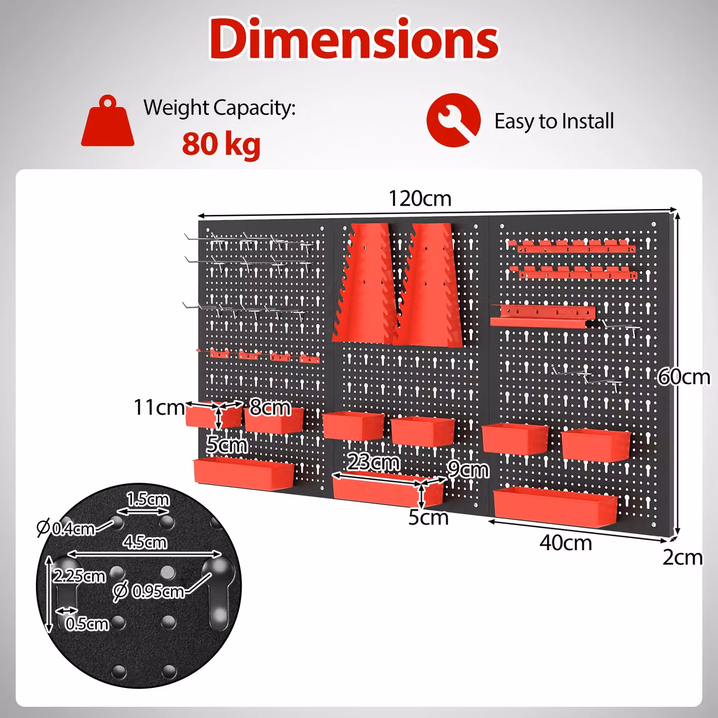 Costway Pegboard Wall Organizer with 9-Bin Parts Rack and Hammer Racks, Red, W/D/H: 120 x 64 x 60 cm – 3