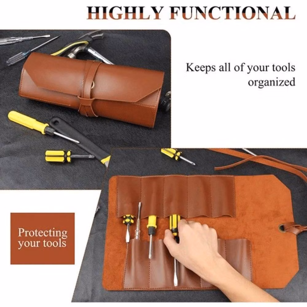 FLAVORA Brown Leather Roll Up Tool Storage Organizer Bag W: 52 cm, H: 1000 cm – 4