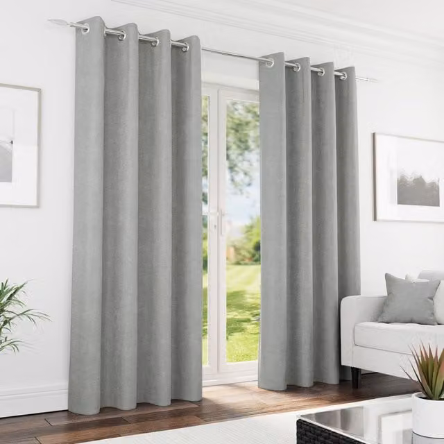 Knightsbridge Grey Chenille Blackout Eyelet Curtains, Thermal Insulating