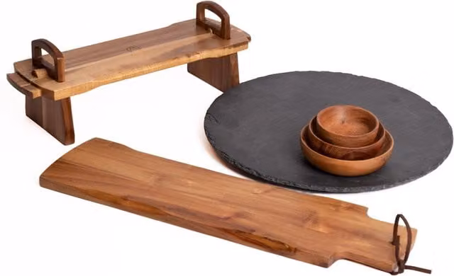 Artesa 6-Piece Brown Acacia Wood Serveware Set including Antipasti Platform Platter, Baguette Board, 3 Serving Bowls and Turntable – 1