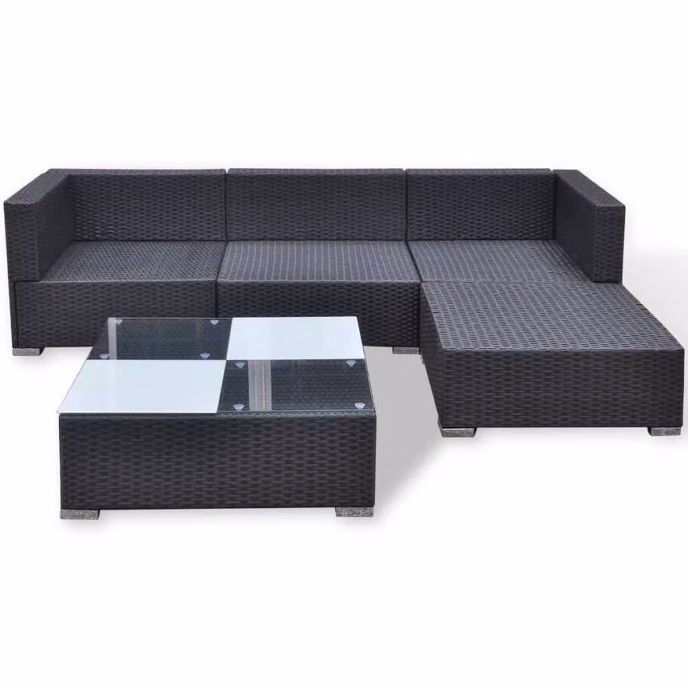 Berkfield Home Modern 5 Piece L-Shape Garden Lounge Set in Black Poly Rattan with White Cushions – 4