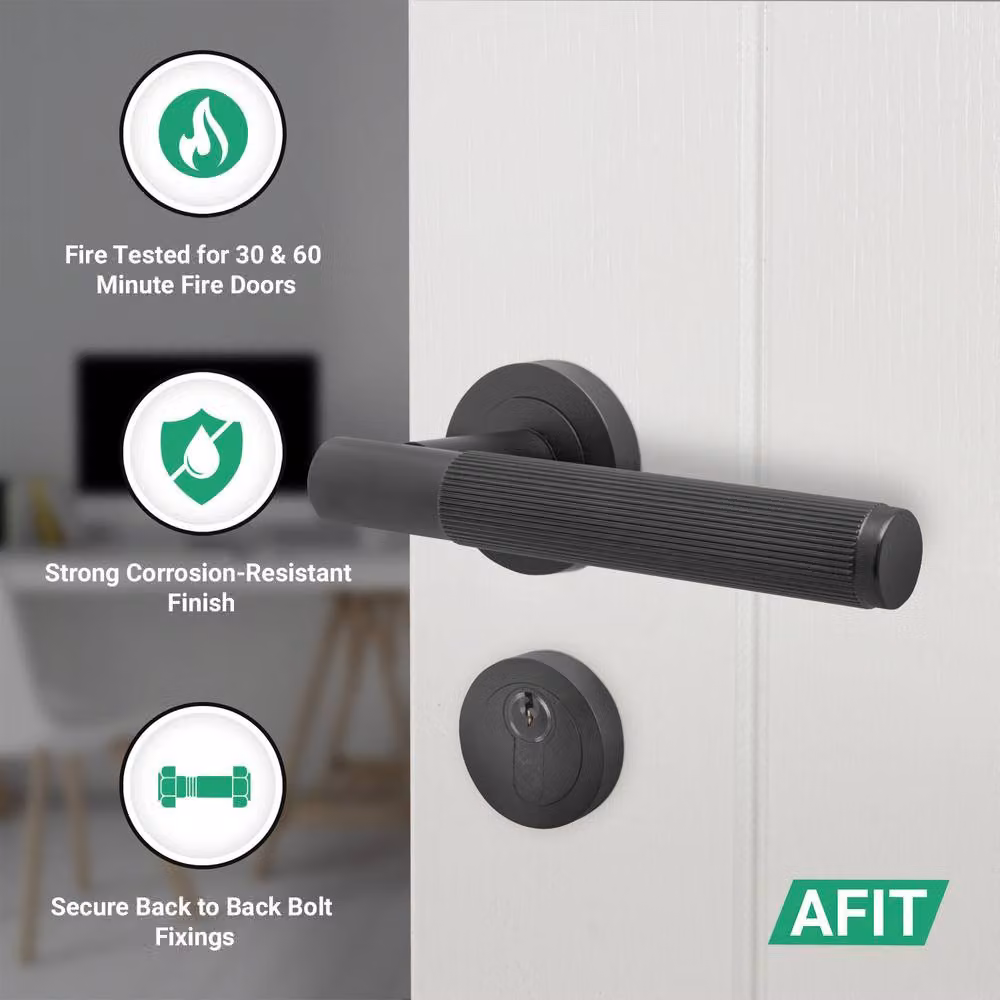 AFIT Black Fire Door Handle Set with Euro Lock, Double Cylinder and Hinges – 2