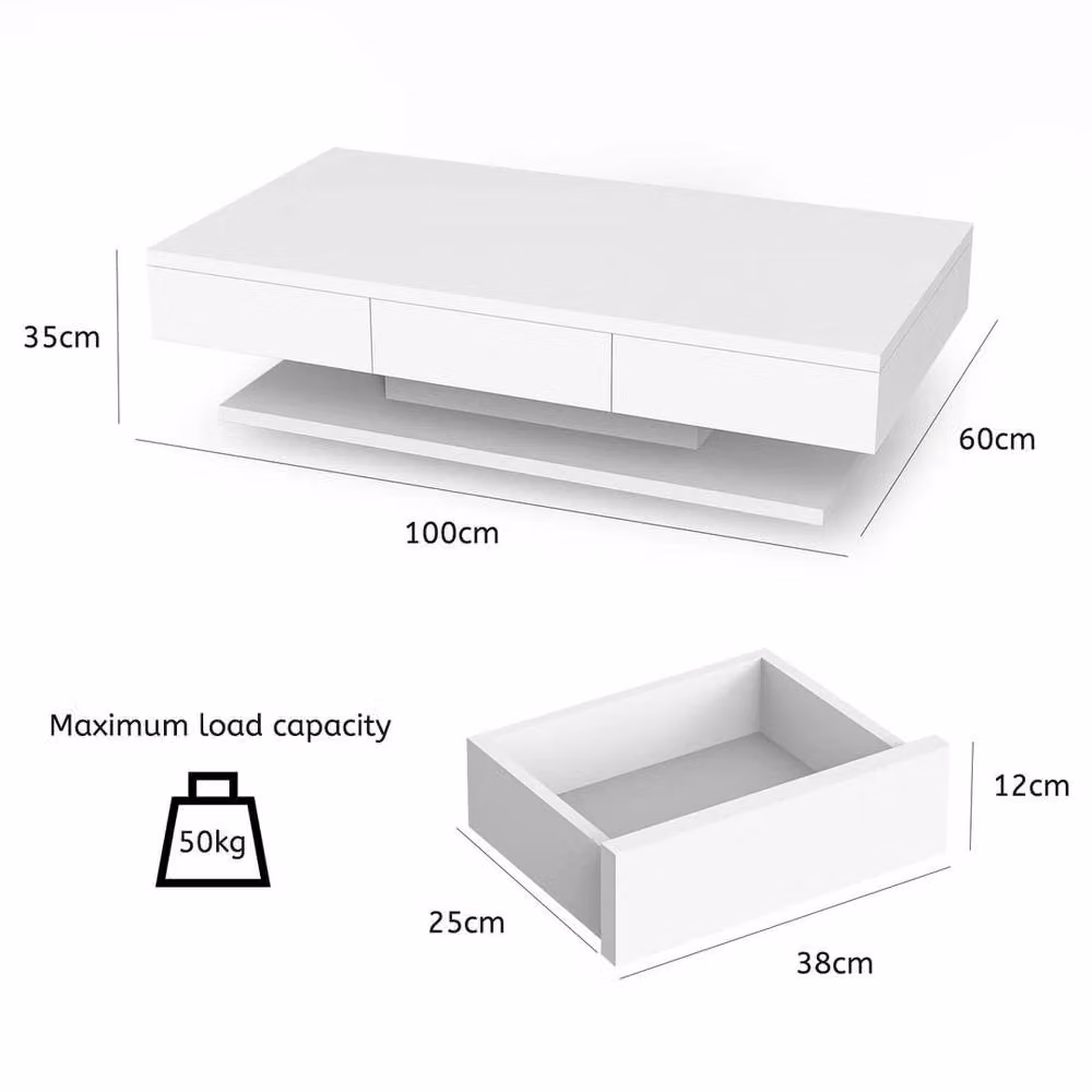EONLION Modern Glossy White Rectangular Coffee Table with Drawer, Width: 100 cm – 2