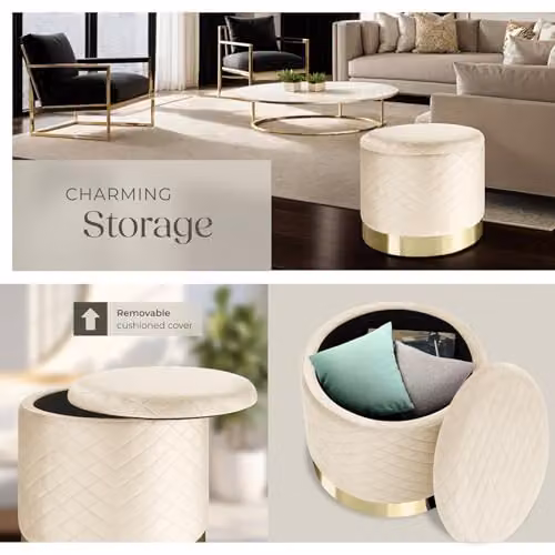 tectake Coco Storage Stool in Cream with Velvet Fabric and Gold Base – 5