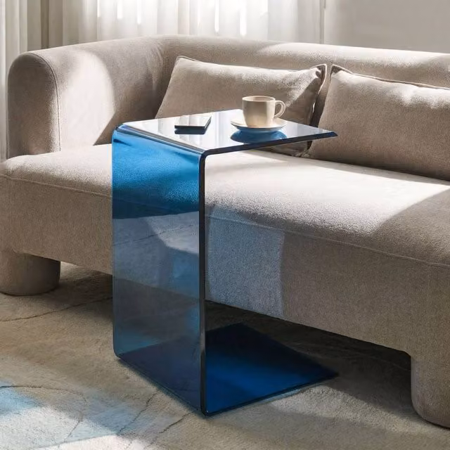 Wyld Haus Cantilever Side Table in Semi Transparent Blue Tempered Glass, W/D/H: 40 x 61 x 40 cm