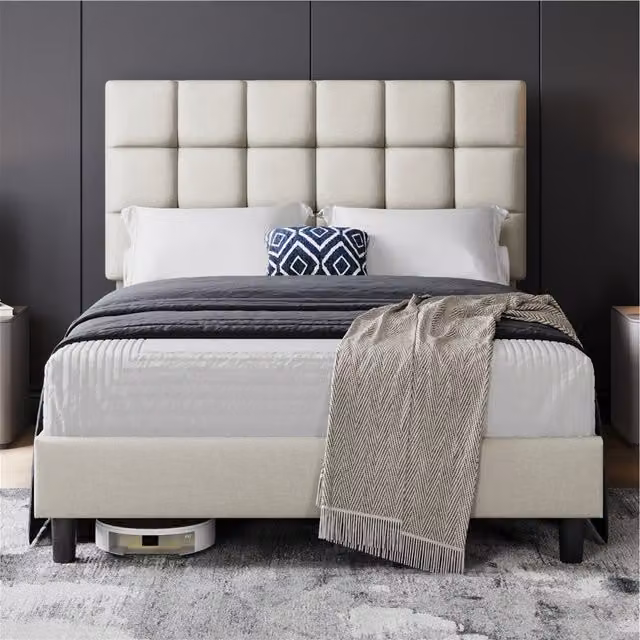 Yaheetech Upholstered Bed Frame with Square Tufted Headboard in Beige, W/D/H: 140 x 200 cm