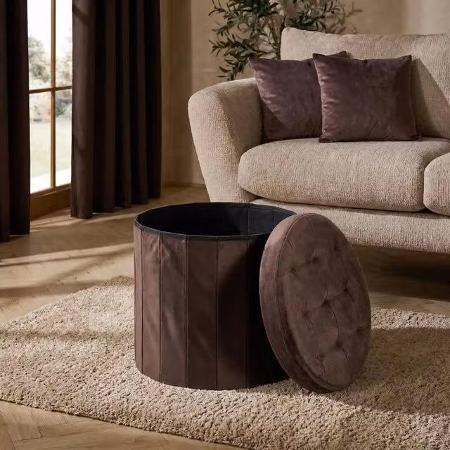 OHS Matte Velvet Round Ottoman Storage Stool in Chocolate Brown