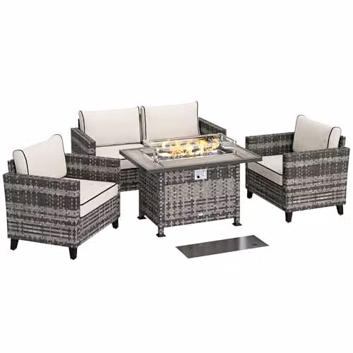 Outsunny 5 Piece Grey Polyrattan Garden Furniture Set with Outdoor Coffee Table, 2 Seater Sofa, Armchairs and Upholstered Cushions – 1