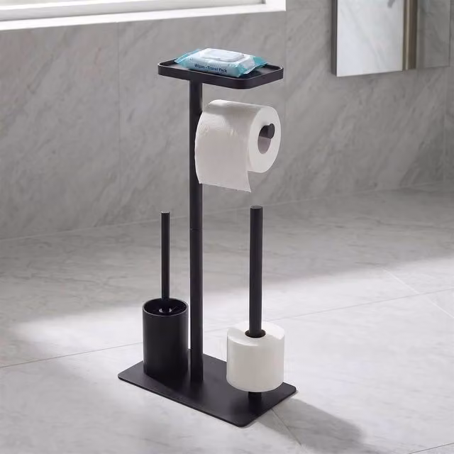 EONLION Free Standing Toilet Roll Holder with Shelf and Brush in Matt Black