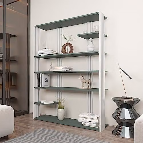 Decorotika Jeni Etagere Accent Bookshelf Display Unit in Silva Green and White, H 160.03 x W 120.0 x D 29.72 cm