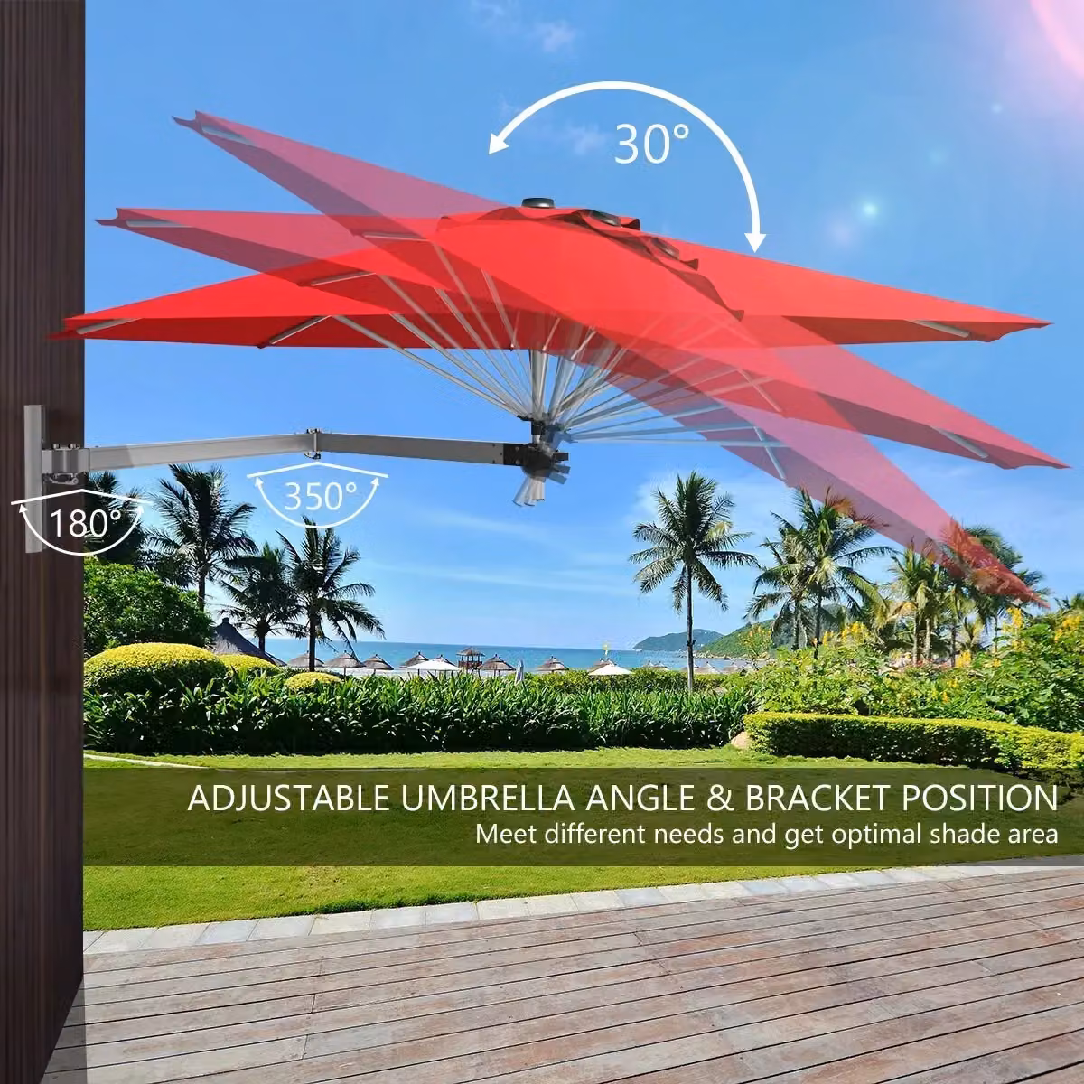 Costway Wall Mounted Cantilever Parasol with Tilting Sunshade and Adjustable Pole in Red – 2