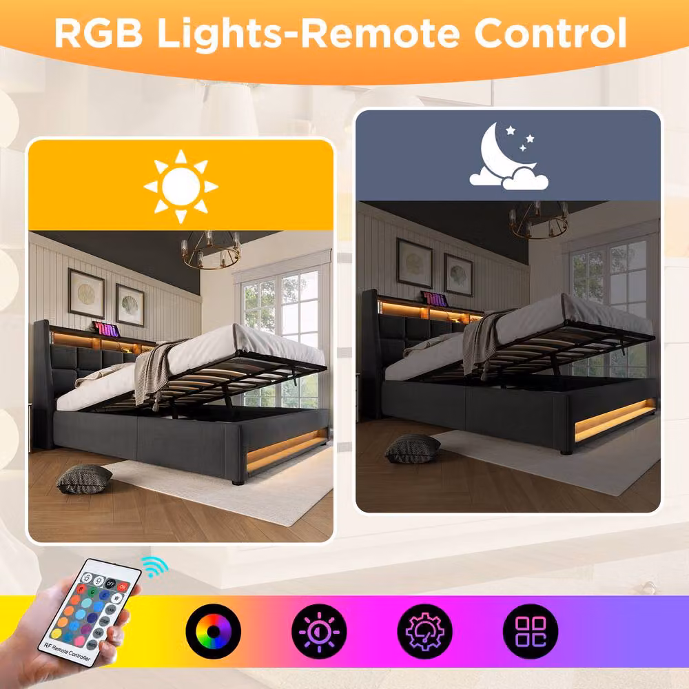 ModernLuxe Upholstered Ottoman Bed in Grey with LED Lighting, USB Charging Port and Storage Headboard, Size: Super King (W: 180 cm, D: 200 cm, H: 117 cm) – 4