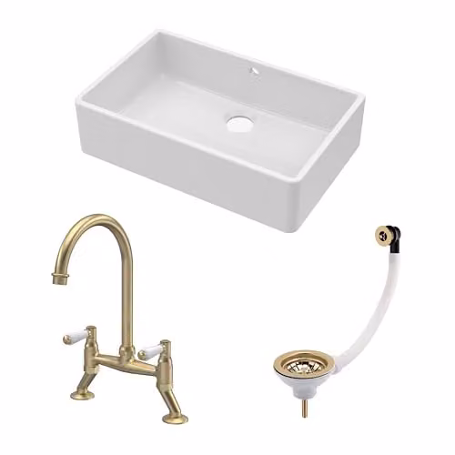Balterley White Ceramic Butler Sink with Bridge Lever Mixer Tap and Waste, Single Bowl Apron Front Design, White and Gold