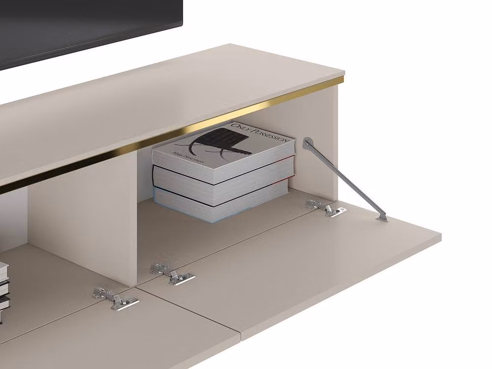 Vente-unique VUKIA Wall-Mounted Modern TV Unit with 3 Doors in Beige and Gold – 3