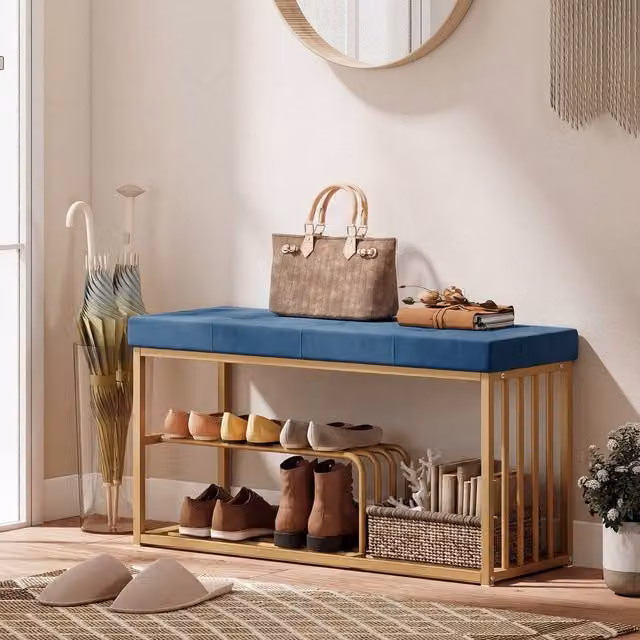 HOMCOM Modern Velvet Shoe Storage Bench with Tufted Seat Cushion in Blue – 1