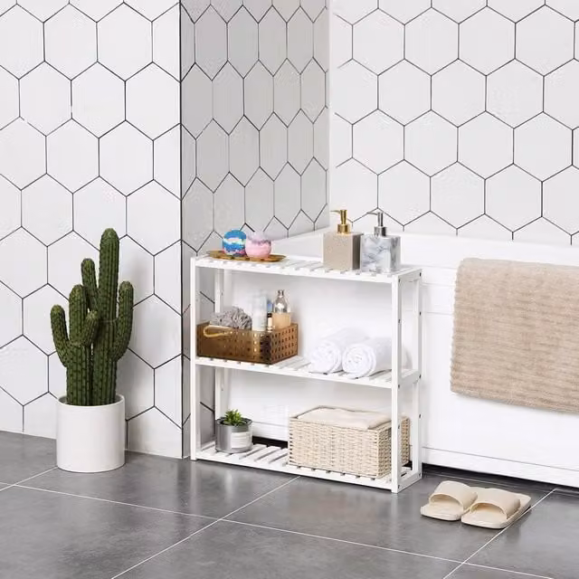 SONGMICS White 3 Tier Adjustable Bamboo Wall Mounted Shelf for Bathroom, Kitchen or Bedroom – 1