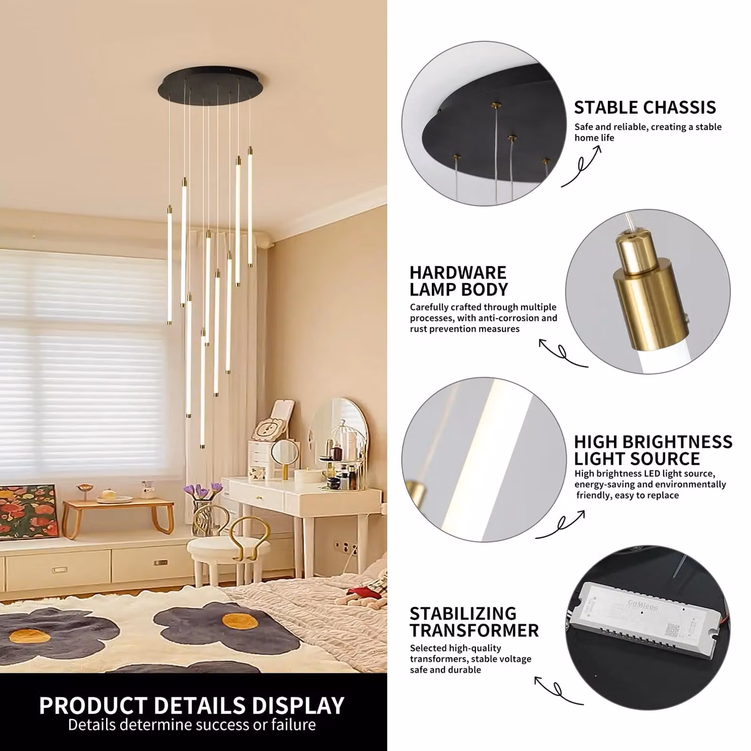 Garwarm Modern Dimmable LED Suspended Chandelier Light in Black, Height: 249.64 cm – 4