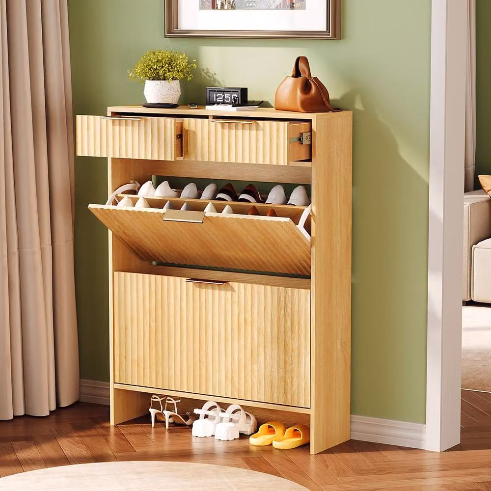 KORVIXA Oak Freestanding Shoe Storage Cabinet in Brown with Hinged Doors and Internal Shelves, W/H: 100 x 108 cm – 2