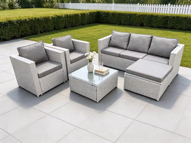 Fimous 6 Seater Rattan Garden Furniture Set in Light Grey with 3 Seater Sofa, 2 Armchairs, Coffee Table and Ottoman