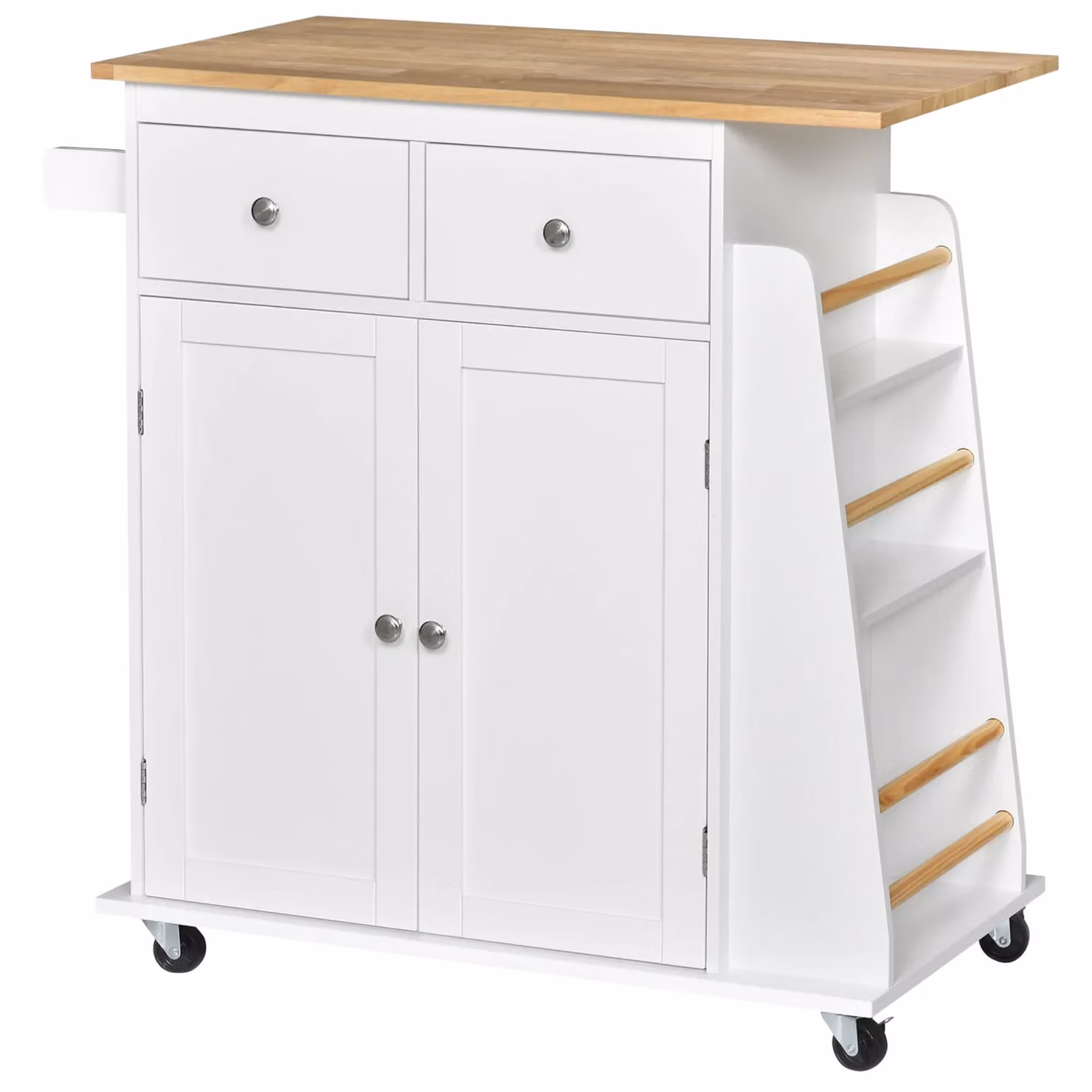 HOMCOM Rolling Kitchen Island Storage Cabinet with Rubberwood Top and Hinged Doors in White – 3